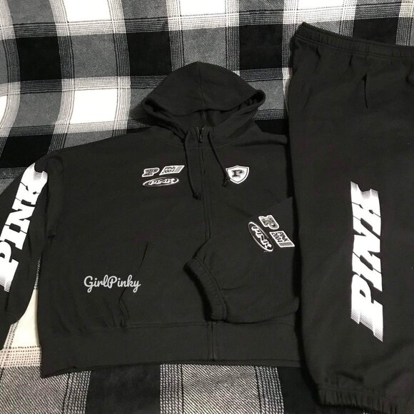victoria secret PINK RACING sweatpants OUTFIT & FULL ZIP IN BLACK SIZE SMALL - Picture 2 of 12